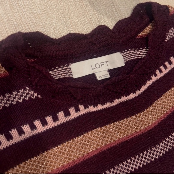 LOFT Scalloped Striped Metallic Maroon Sweater size XS - Picture 3 of 10